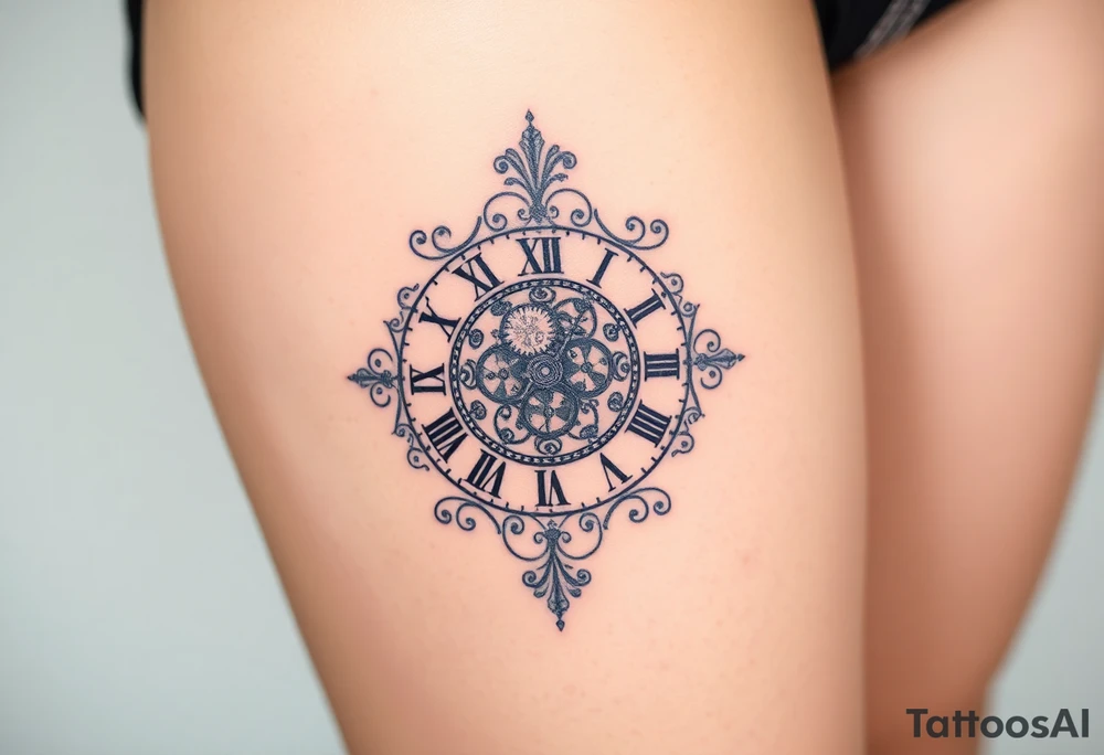 vintage roman numerals within ornate clockwork mechanism tattoo idea