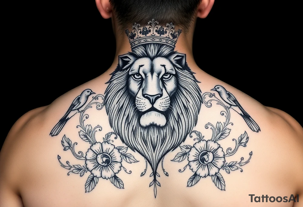 powerful majestic lion with a crown, surrounded by floral ornaments and birds tattoo idea