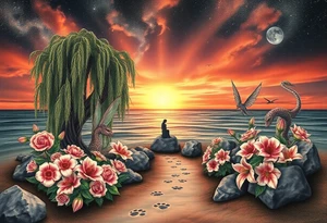 Sunset galaxy. Rocky Dark Ocean.  fairies, mermiads, dragons  weeping willow garden with roses and lilies flower beds,,  cat paw prints path in dirt. tattoo idea