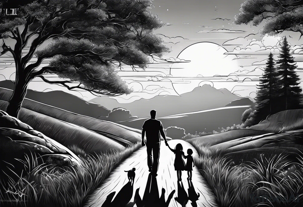 chest and sleeve sun rays with road and dad, daughter and son silhouette tattoo idea