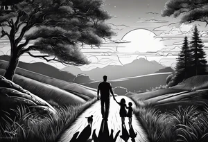 chest and sleeve sun rays with road and dad, daughter and son silhouette tattoo idea