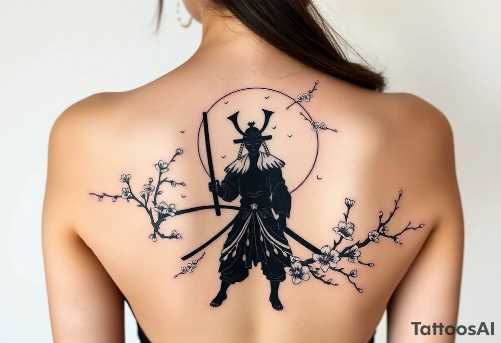 noble samurai warrior silhouette at sunset with cherry blossoms tattoo idea