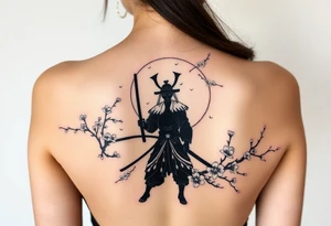 noble samurai warrior silhouette at sunset with cherry blossoms tattoo idea
