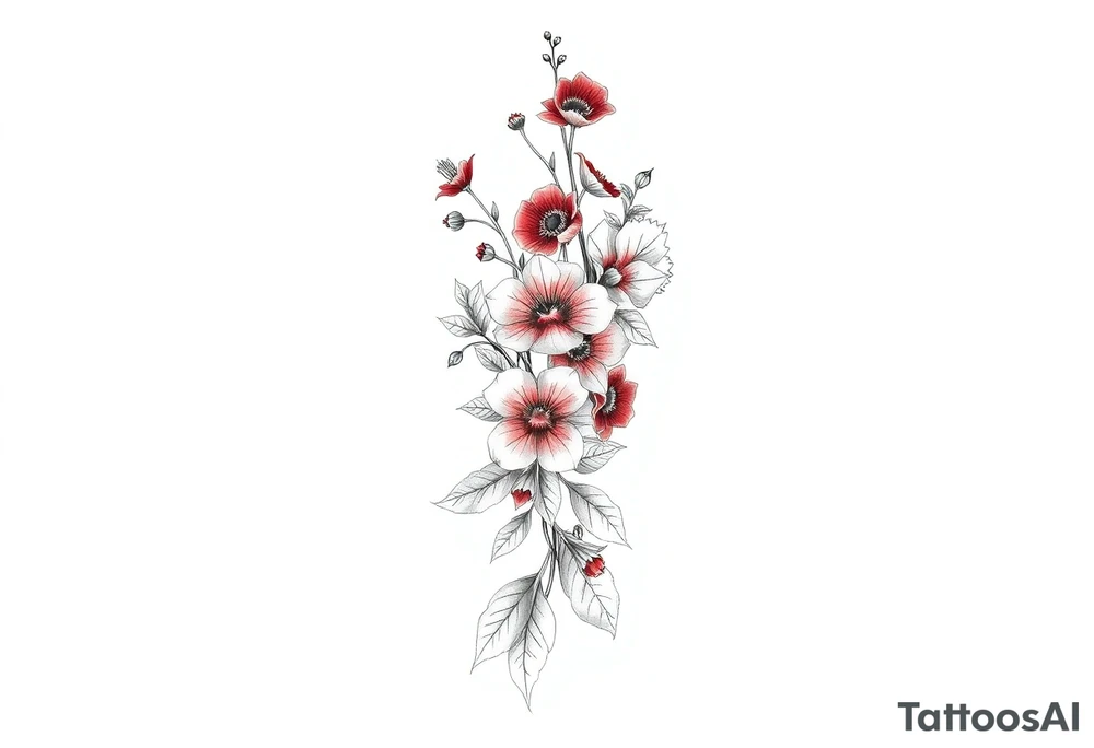 Full sleeve tattoo design of larkspur and hawthorn flowers, highly detailed line art, RED ink, elegant botanical style, intertwined composition, no shading, no human mock-up, clean stencil style suitable for tattooing, fit fully within boundaries. LINE ART ONLY, REMOVE HUMAN, NO SKIN, NO ARM, NO HUMAN BODY PARTS tattoo idea