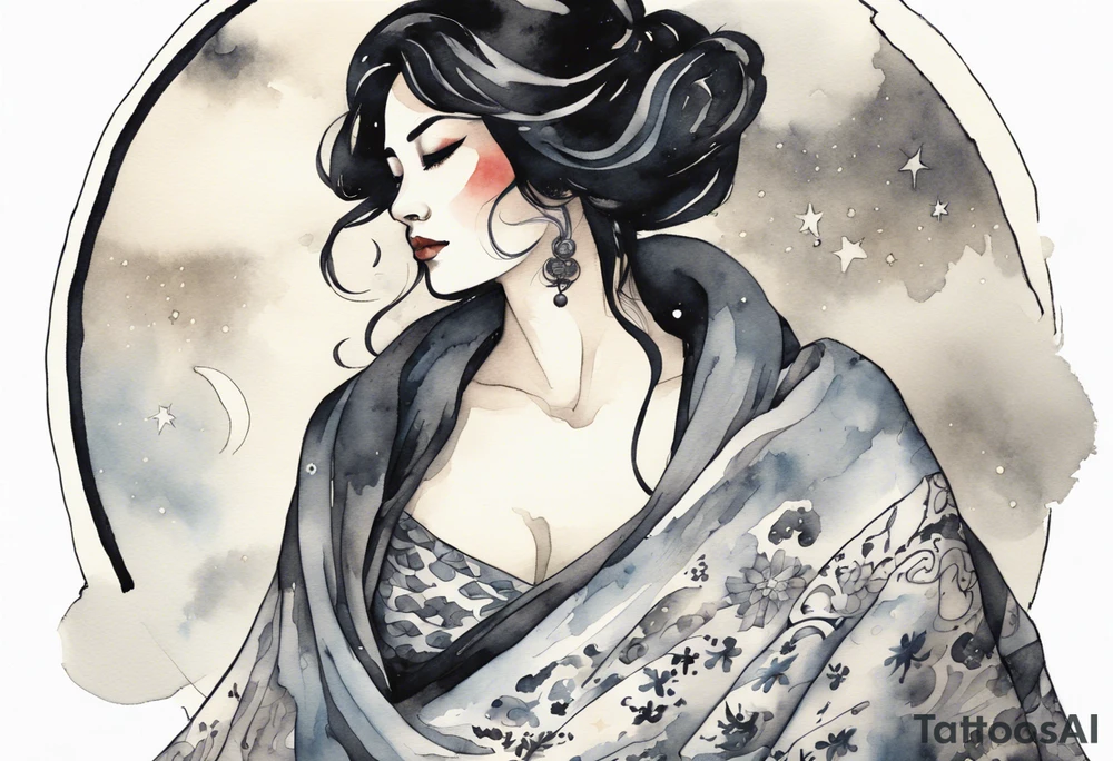 a watercolor of a beautiful 40-year-old Persian woman wearing black and white cloak with the night sky in the background tattoo idea