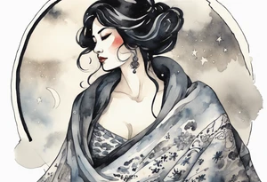 a watercolor of a beautiful 40-year-old Persian woman wearing black and white cloak with the night sky in the background tattoo idea