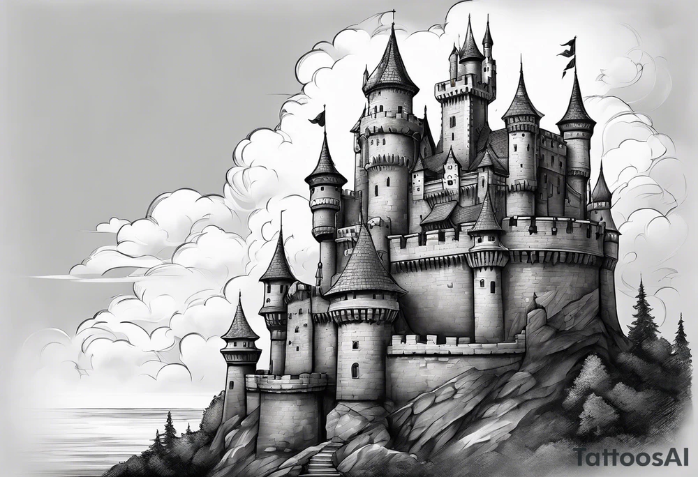 A Castle that has legs and arms on the walls tattoo idea
