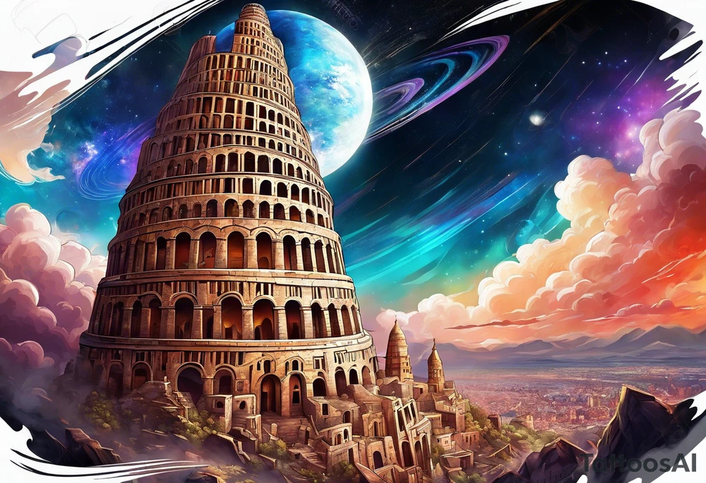 Babel tower with a cosmic background tattoo idea