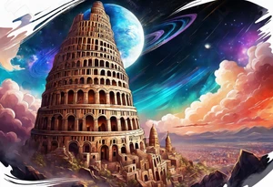Babel tower with a cosmic background tattoo idea