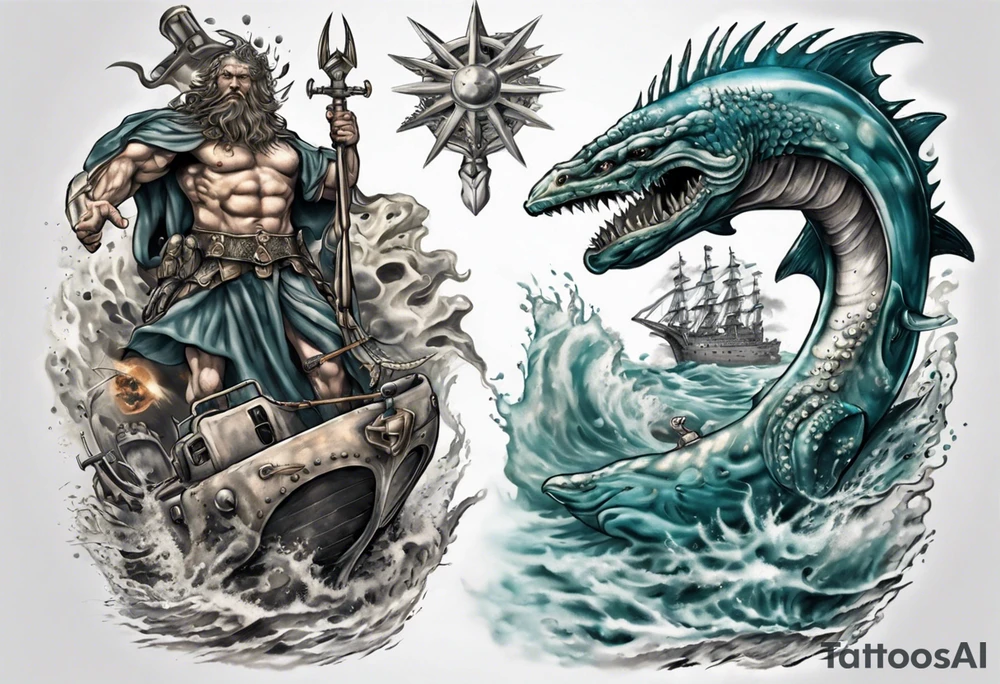 Atlantis king going to war on a sea creature tattoo idea