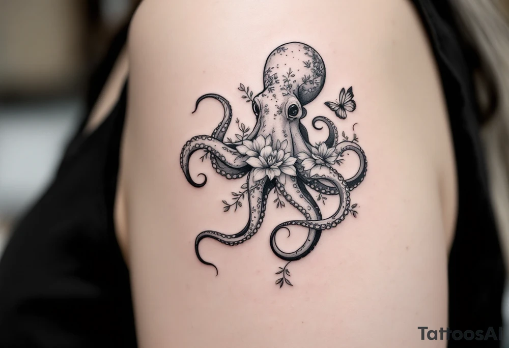 fine-line tattoo, single octopus, flowers butterflies composition, tentacles floral vines, flowing botanical tentacles, overlapping blossoms body, butterfly wing body, minimalist elegant design, nature-inspired, delicate black grey lines, soft shading, no outlines, outline-free design, floral octopus, botanical sea creature, organic flow, upper arm shoulder placement, light airy feel, poetic minimalism, vine-shaped tentacles, petal tentacle flow, blossom overlapping, wing composition, delicate linework, soft botanical shading, nature creature fusion, minimalist intricacy, elegant simplicity, flowing organic movement, shoulder arm curve, lightweight design, subtle detail work, refined botanical elements, understated complexity, clean minimalist lines, gentle nature fusion tattoo idea