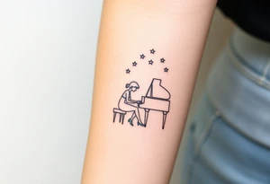 woman playing piano under the stars tattoo idea