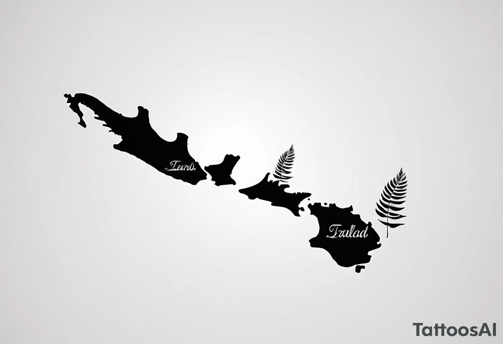 The outlines of the North and South Islands of New Zealand are clearly recognizable. A fine, dotted, or gently curved line represents the "Te Araroa" trail, winding through the islands. A small but delicate silver fern or wind grass or moutains or something else that reminds me of the beautiful nature of new zealand is integrated, possibly complementing the island contours tattoo idea