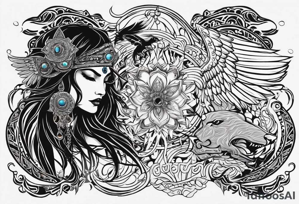 black kali, goddess pirate, alien, angel, pachamama, valkrye, warrior, flying, skull, lotus azul, wing, eagle, zenza resonance, stars, 5D, anahata chakra, death, durga, riding on a tiger, flying lady tattoo idea