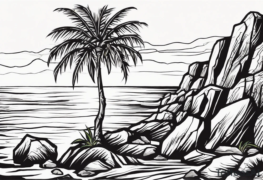 A wax palm grows resiliently from rocky soil, symbolizing growth and resilience. The tree roots are embedded in cracked rock, with a hint of water flowing from the rocks to signify life and nourishment. The design emphasizes the strength of nature’s endurance, with the wax palm standing tall and vibrant. tattoo idea