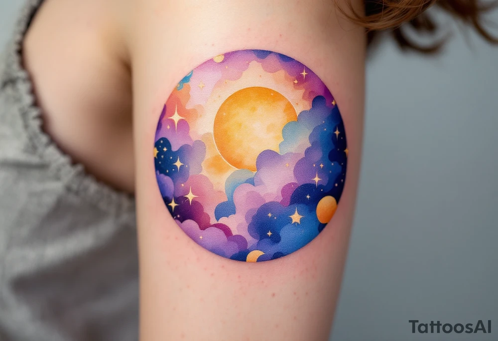 A circular design featuring the Sagittarius figure in the center, surrounded by a sun in golden yellow and star clusters in soft white. The background has a gradient of purple to dark blue, symbolizing Sagittarius' connection to both the sun and stars, representing enlightenment and wisdom. tattoo idea