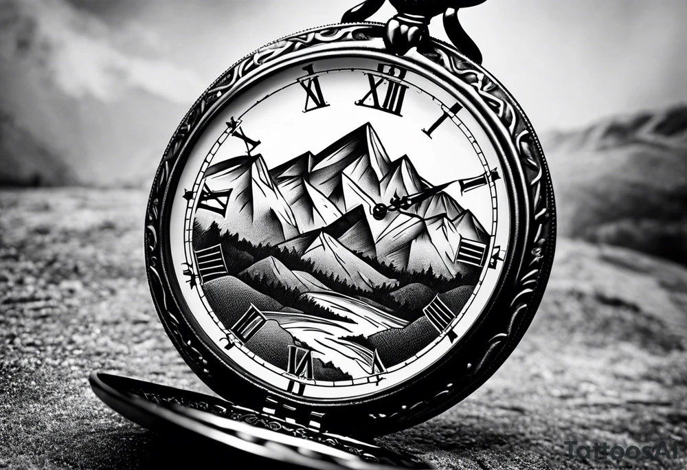 Pocket watch with mountains tattoo idea