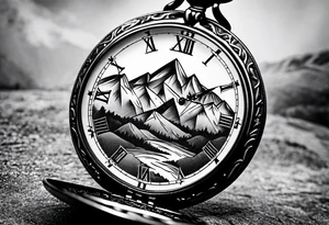 Pocket watch with mountains tattoo idea