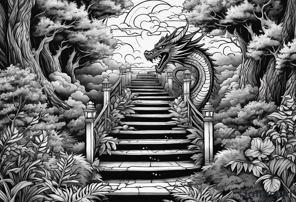 in vertical line, a dragon coming up on stairs that are a tree at the top, with the words "One day at a time" and date 4.14.24 tattoo idea