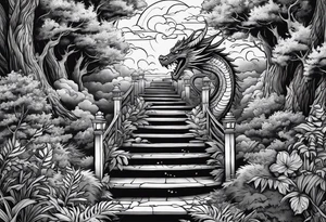 in vertical line, a dragon coming up on stairs that are a tree at the top, with the words "One day at a time" and date 4.14.24 tattoo idea