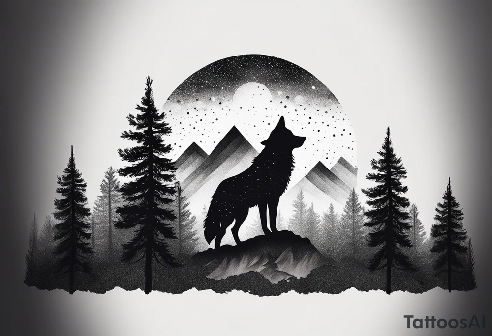 pine tree line fade landscape wolf night tattoo idea