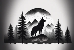 pine tree line fade landscape wolf night tattoo idea