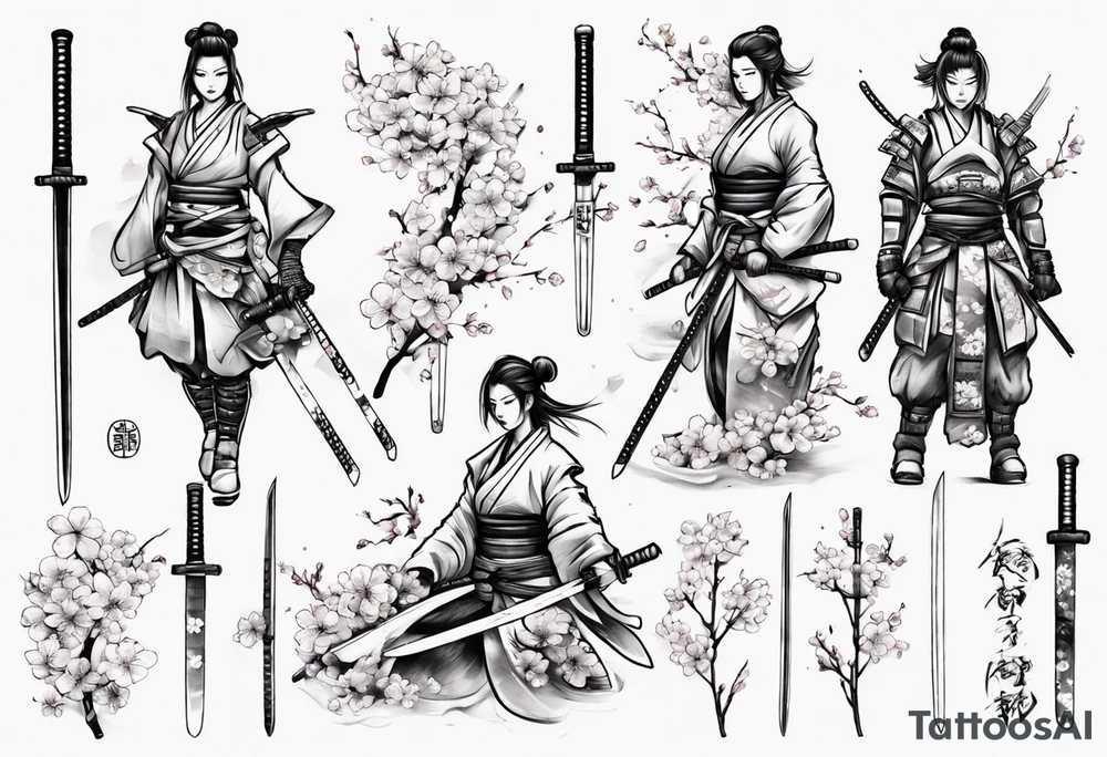 female samurai sword armor sakura leaves tattoo idea