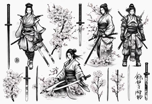 female samurai sword armor sakura leaves tattoo idea