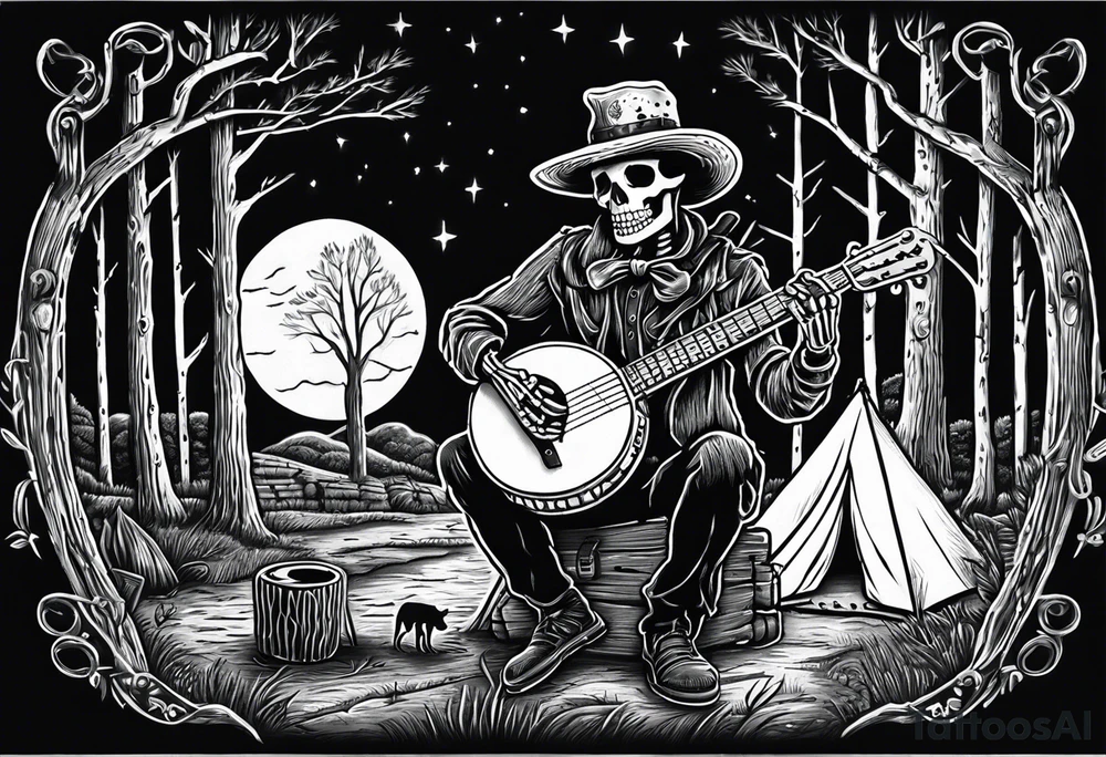 Skeleton playing banjo wearing a coal minor hat at night in the woods of west virginia around a camp fire tattoo idea