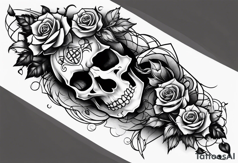 tattoo fool sleeve, old broken gothic home, broken sword, tree roots break out of the chains, roses tattoo idea