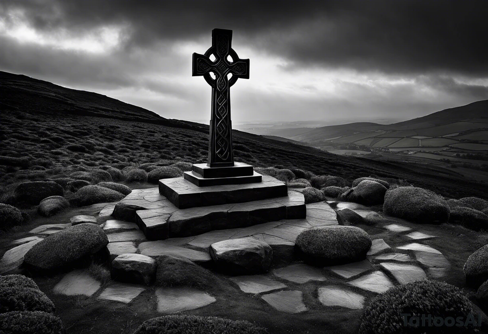 A monochromatic scene dominated by the presence of a massive, intricately carved stone Celtic cross standing tall and solemn atop a barren hill. The cross is crafted from black basalt, its arms stretching outward to form a crucifix adorned with intricate knotwork designs. At its base, the cross is surrounded by a circular pattern of interlocking circles, symbolizing eternity and the never-ending cycle of life and death. tattoo idea