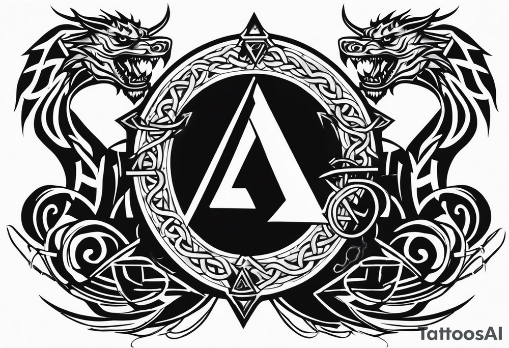 Valhalla sword shield dragon axe Valknut barbed wire chains tribal tattoo idea Valhalla sword shield dragon axe Valknut barbed wire chains tribal tattoo idea