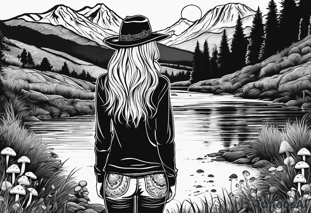 Whole picture encircled fully

Straight long blonde hair hippie girl in distance holding mushrooms in hand facing away toward mountains and creek surrounded by mushrooms long sleeve shirt and hiking pants; whole rendering within a full circle, no cut off circle tattoo idea
