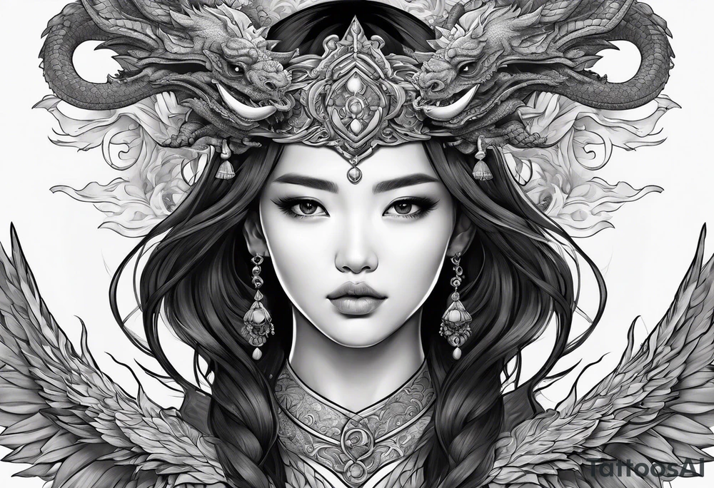 a girl surrounded by asian dragon with wings tattoo idea