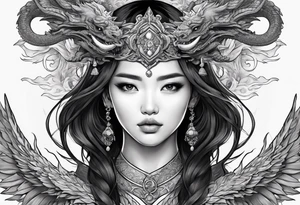 a girl surrounded by asian dragon with wings tattoo idea