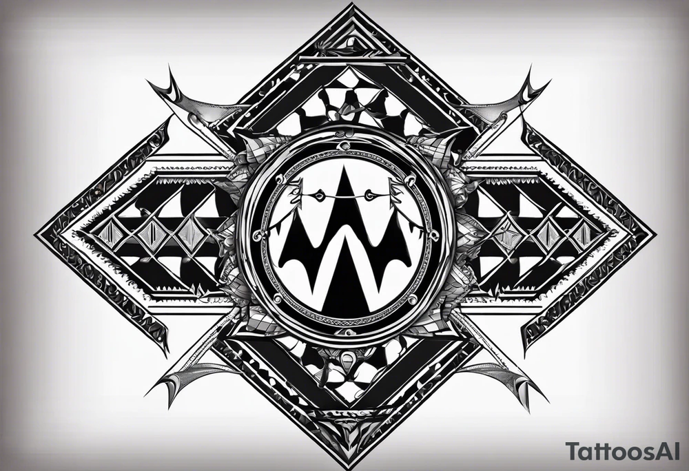 Geometric tapestry with trident and chequered flag and marathon on arm tattoo idea