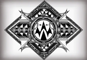 Geometric tapestry with trident and chequered flag and marathon on arm tattoo idea