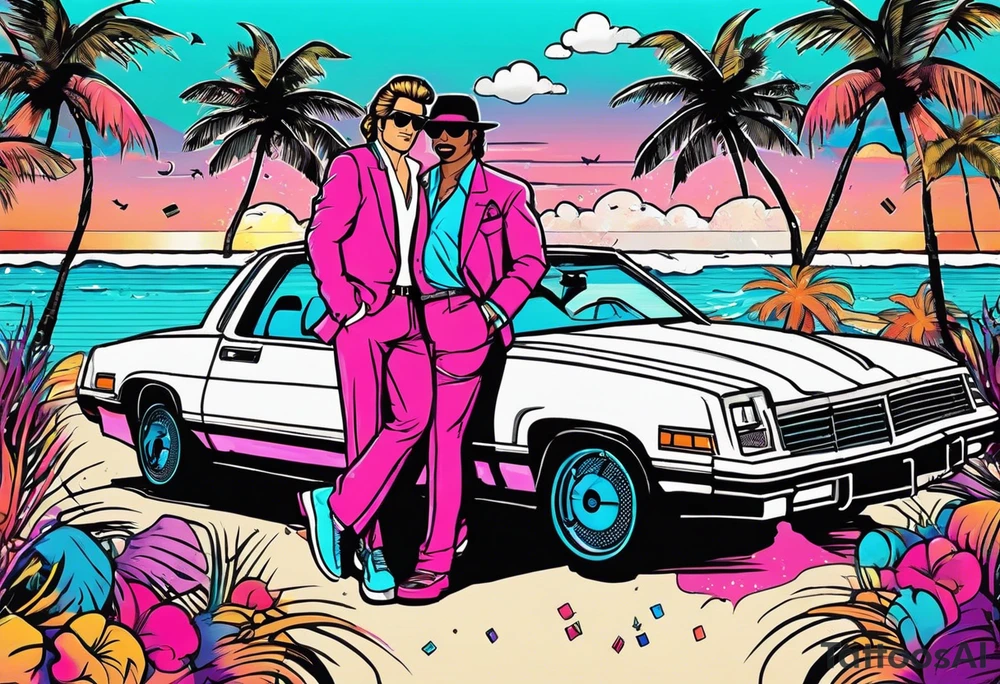 1980's miami vice style dance party with boom box, confetti, music notes in a retro eighties beach theme tattoo idea