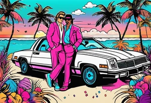 1980's miami vice style dance party with boom box, confetti, music notes in a retro eighties beach theme tattoo idea