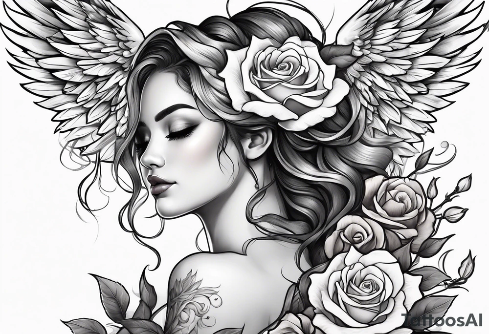 Beautiful woman angle with wings standing surrounded by roses tattoo idea