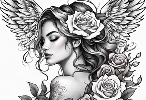 Beautiful woman angle with wings standing surrounded by roses tattoo idea