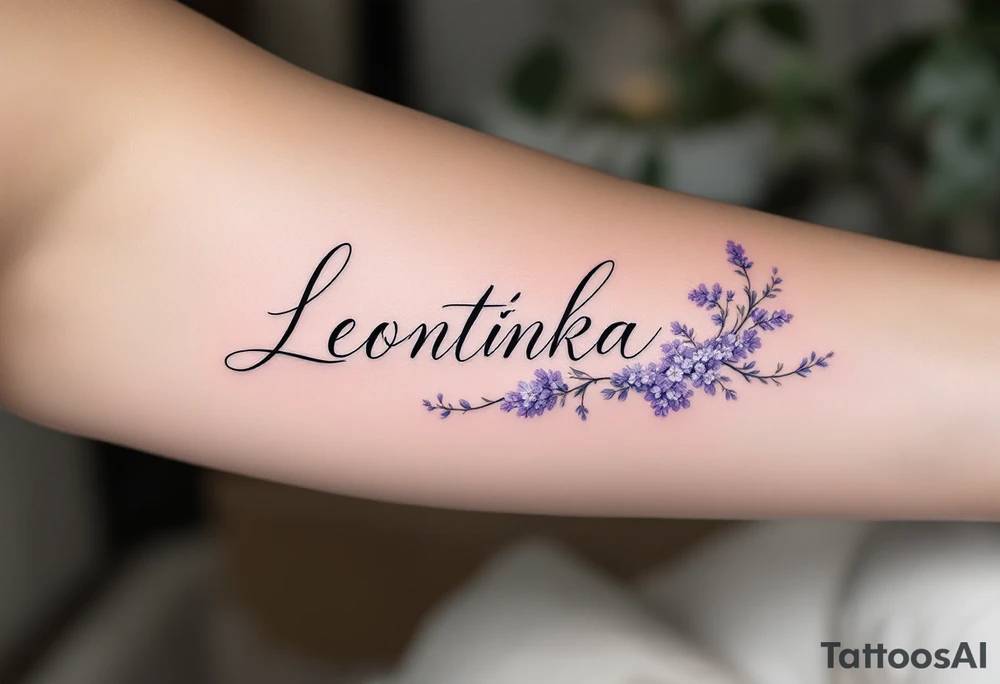 Leontýnka written in elegant script, surrounded by delicate lilac vines with small white blossoms. tattoo idea