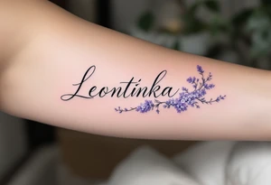 Leontýnka written in elegant script, surrounded by delicate lilac vines with small white blossoms. tattoo idea