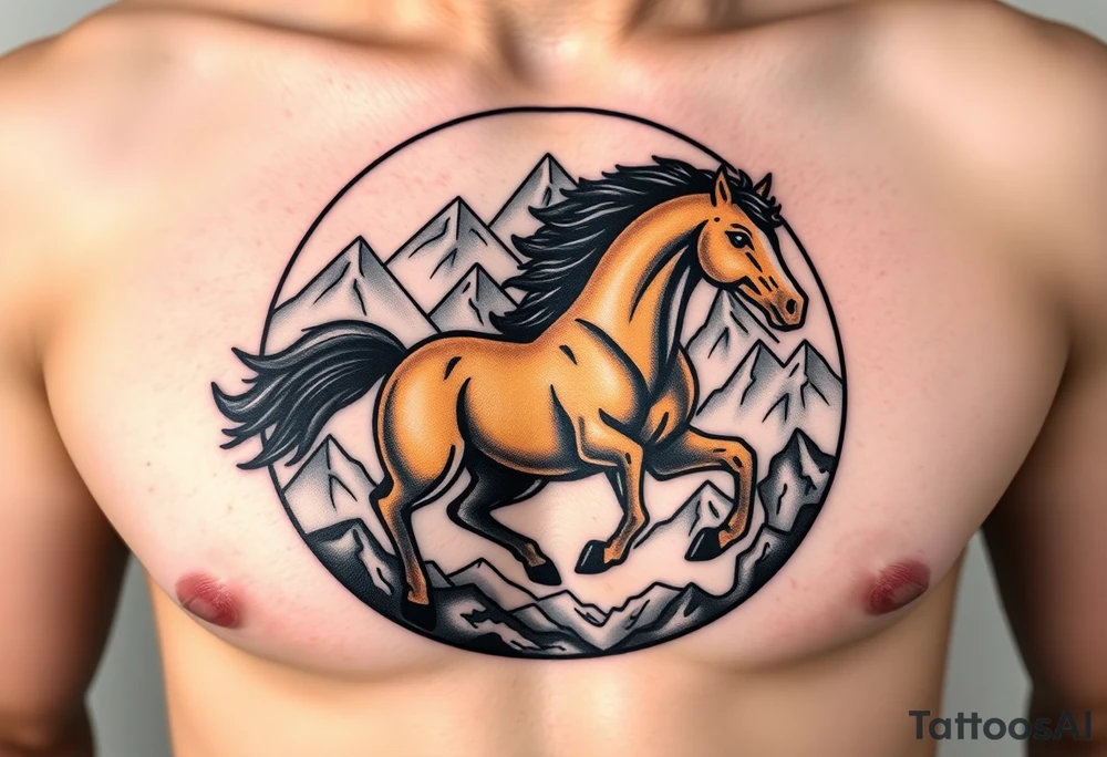 A golden mustang horse with black hair and legs in a circle where the mountain or nature is its contour to accompany the animal in full movement, running like a soul leading the devil. U can mix the mountains with the back haird black of the horse. tattoo idea