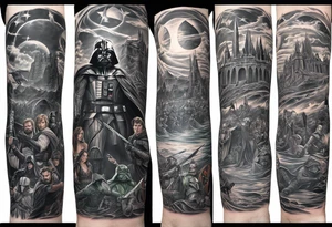 Full arm sleeve tattoo extending from shoulder to wrist featuring characters from Star Wars and the Justice League battling at Helms Deep from Lord of the Rings tattoo idea