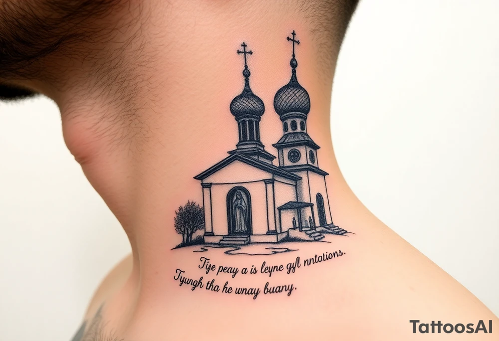 rusian orthodox domes church with a virgin mary in a russian rural village with Church Slavonic script or Cyrillic text — a prayer or meaningful phrase running along the sides tattoo idea