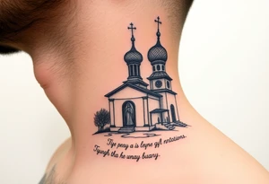rusian orthodox domes church with a virgin mary in a russian rural village with Church Slavonic script or Cyrillic text — a prayer or meaningful phrase running along the sides tattoo idea