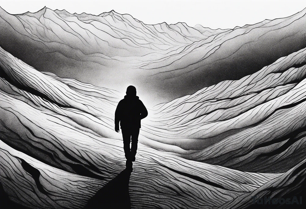 I silhouette of person walking through a dark, expansive hell scape tattoo idea