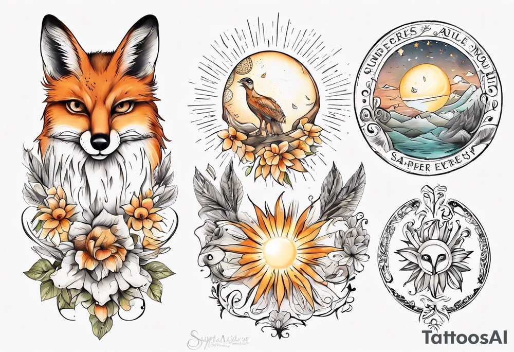 Fuchs und Eule unter der Sonne mit dem Schriftzug Sapere Aude tattoo idea