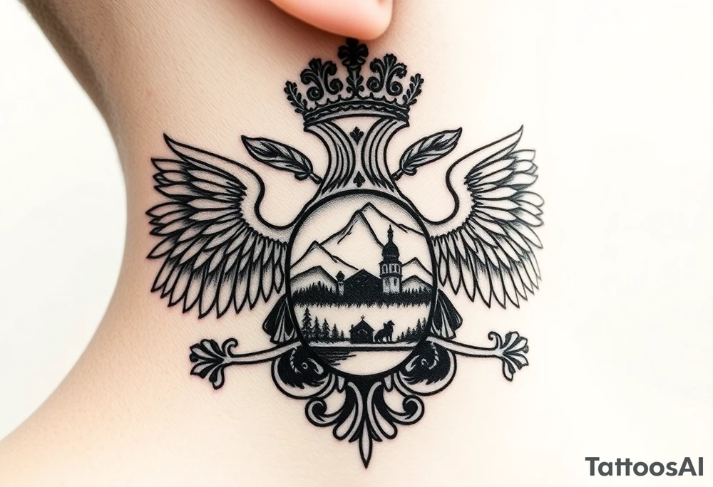 Traditional authentic Russian coat of arms with double headed eagle & a well shaded Christian orthodox Virgin Mary in the middle with silhouette of a lake in a Russian wilderness Christian orthodoxy dome church village setting on the side of my neck tattoo idea